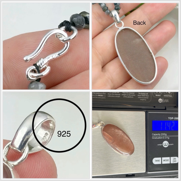 Peach Moonstone Pendant Moonstone Necklace Pure Sterling Silver 925 Set Lot - Picture 11 of 11